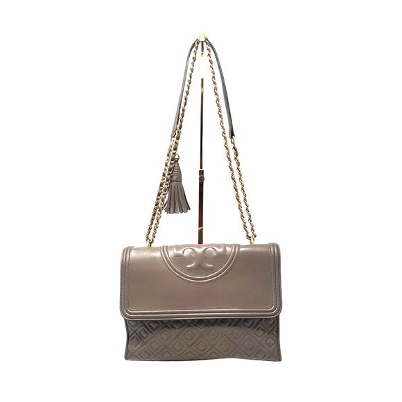 Tory Burch Fleming Convertible Shoulder Bag Crossbody Leather Gray Taupe - Picture 2 of 11